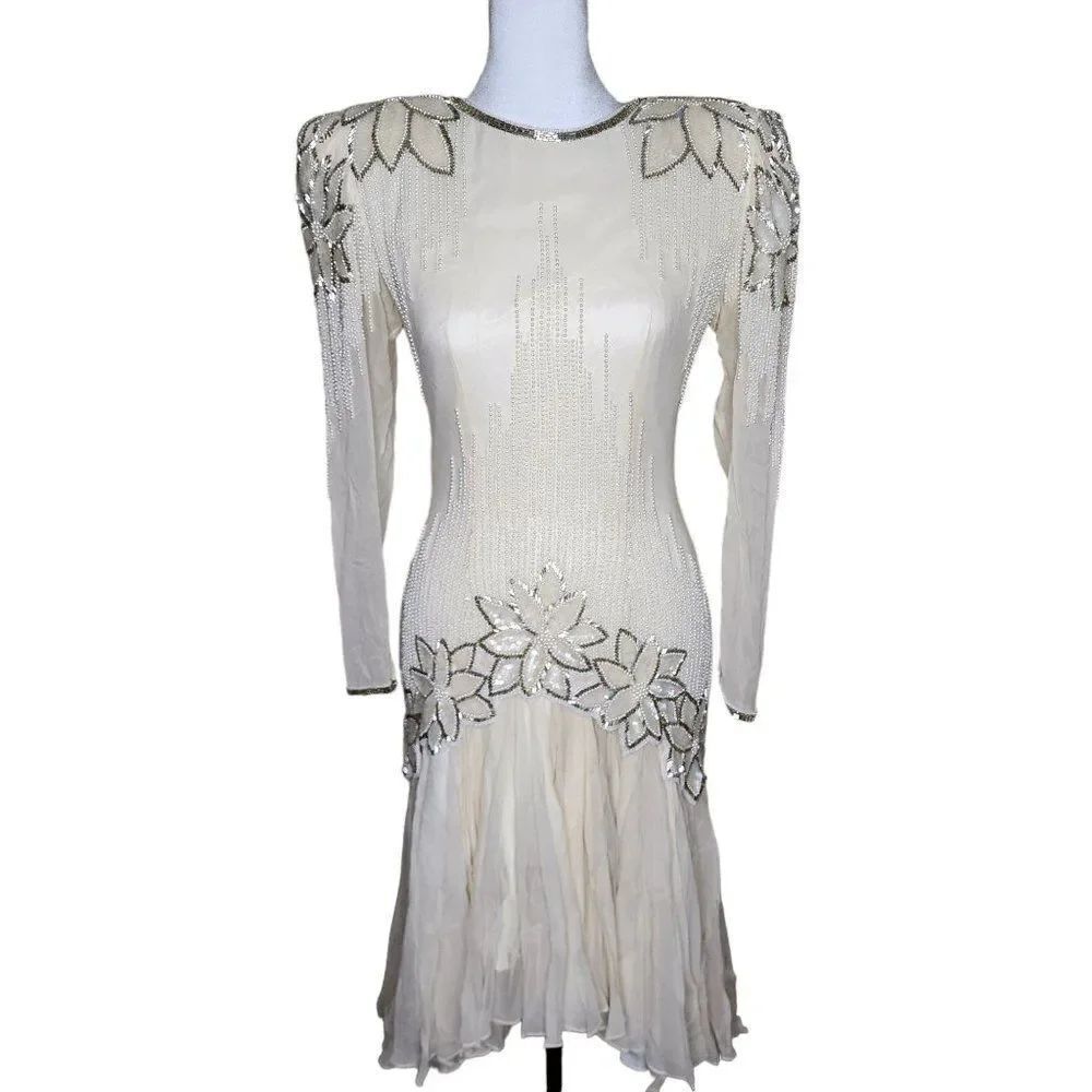 Vintage 80s Destinee Formal Drop Waist Dress Womens Size 4 Ivory Beaded Mother
